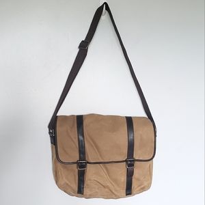 Fossil Waxed Canvas Leather Messenger Laptop Bag Tan Brown